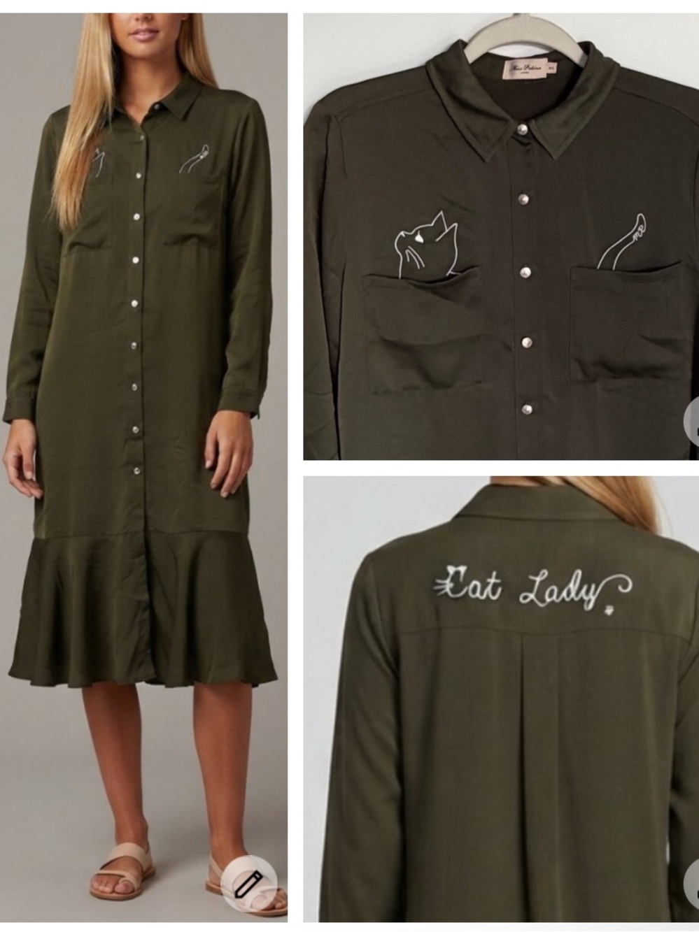 Miss Patina Olive Green Cool Cat Long Sleeve Shirt Midi Dress M/L 39802